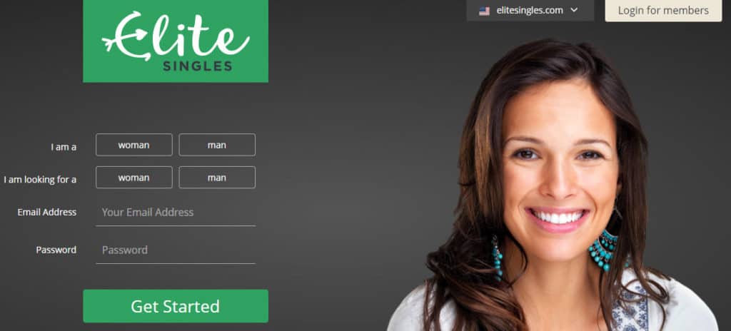 Elite Singles homepage featuring a photo of a smiling
professional woman and registration form