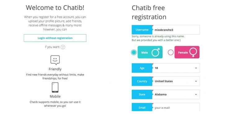 Signing up for Chatib