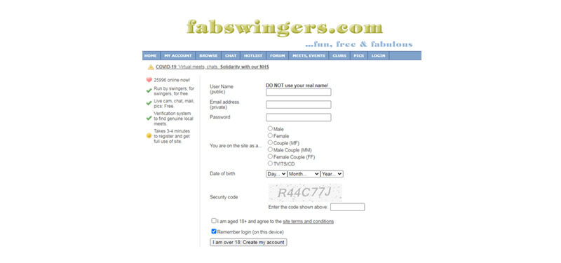 FabSwingers registration process