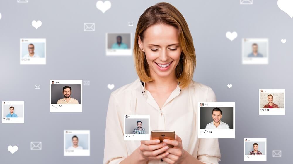 woman using a dating app, checking out various male profiles concept