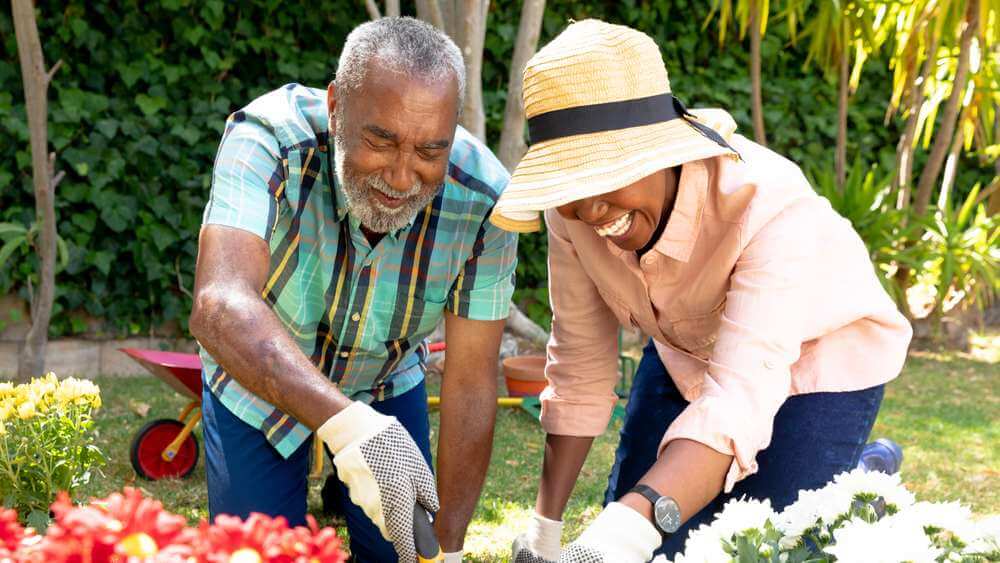 matured couple tending to their garden